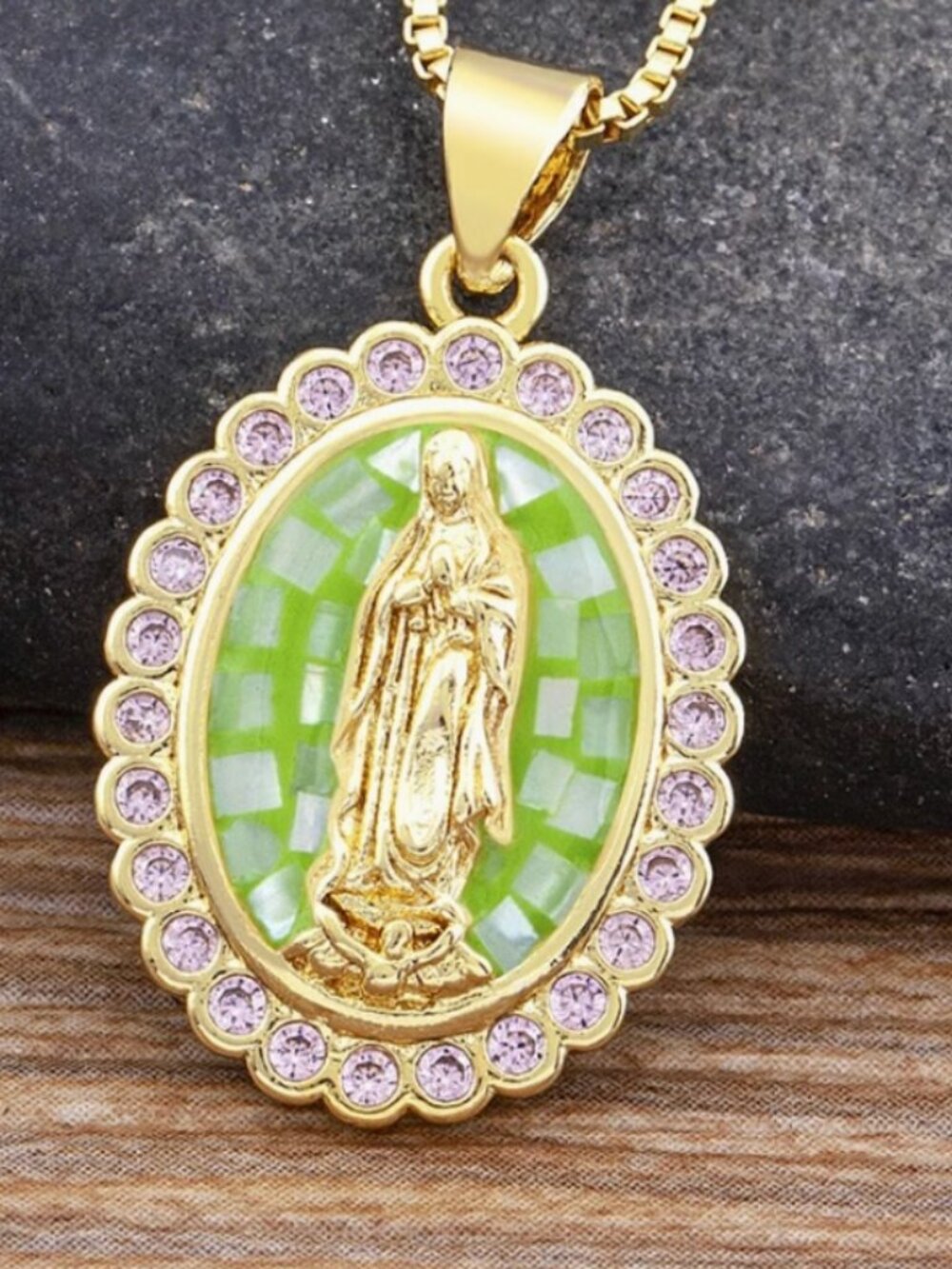 Gold Virgin Mary Pendant Charm Crystal Religious Medallion Necklace Pendant